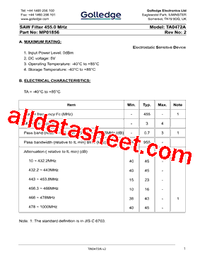 MP01856 Datasheet PDF - Golledge Electronics Ltd